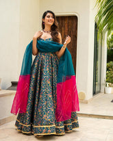 Gorgeous Teal Blue Organza Digital Printed Gown